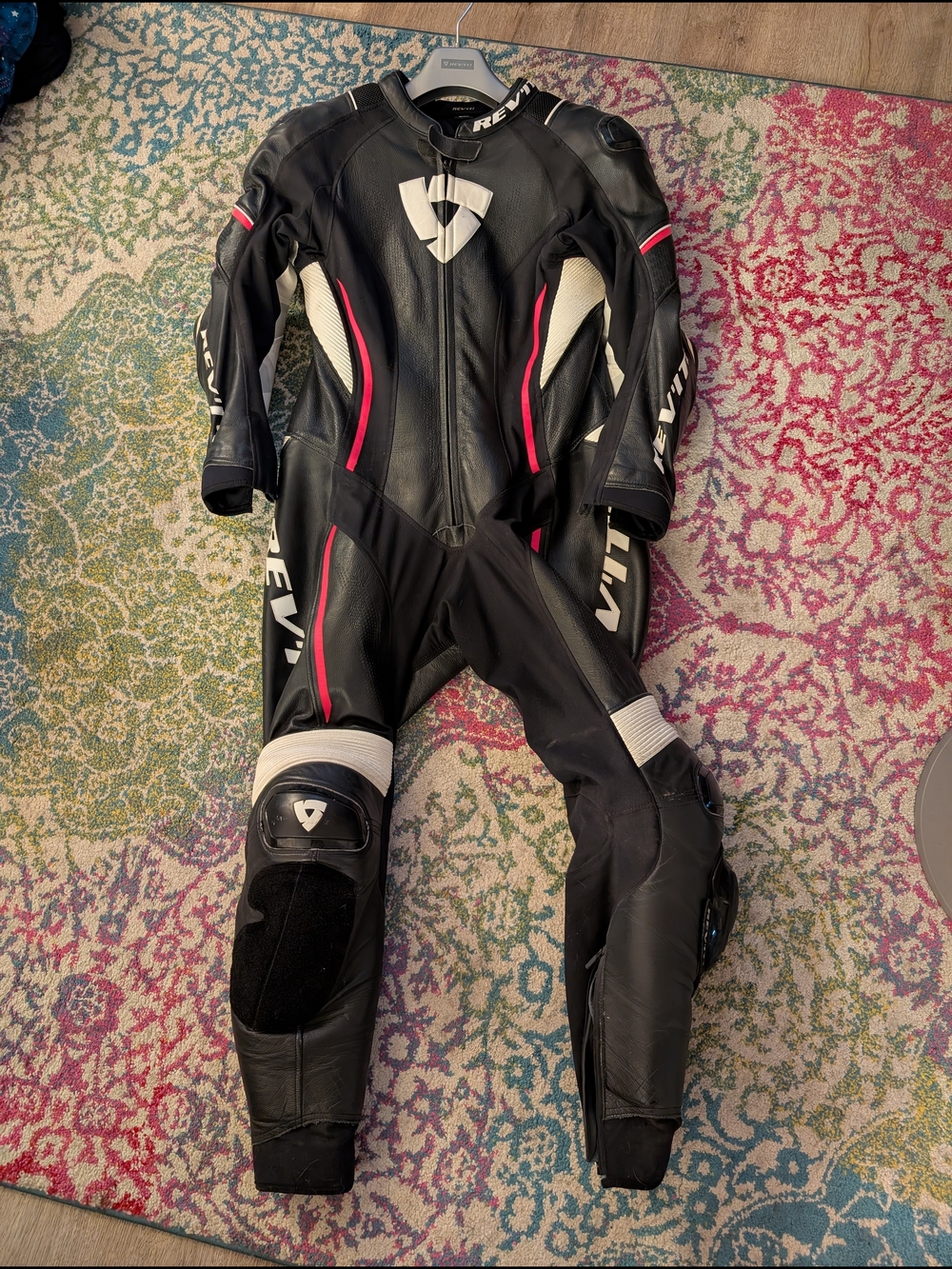 REV'IT! Women's Black Leather Motorcycle Racing Suit with Pink Accents